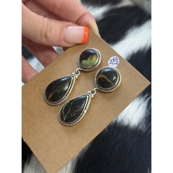 Native American Sterling Silver Large Double Stone Blackjack Turquoise Earrings - Picture 3 of 11